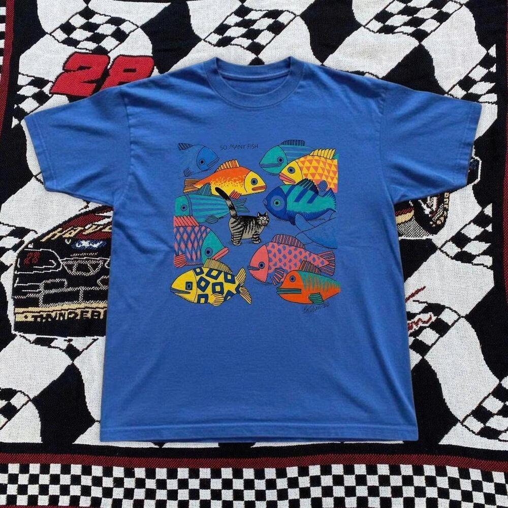 Blue Graphic T-Shirt With A Funky Fish Design Clothing